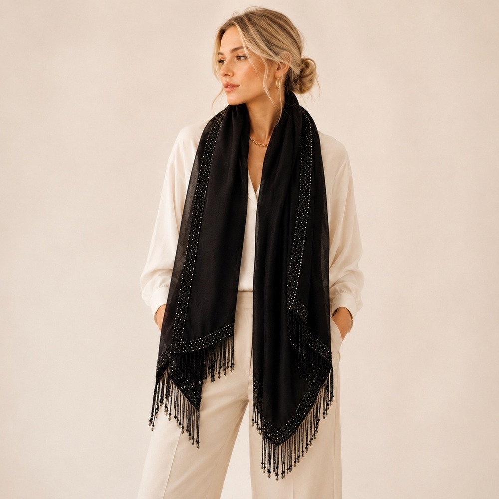 Beaded Fringe Evening Shawl Wrap Black Iridescent Trim Scarf